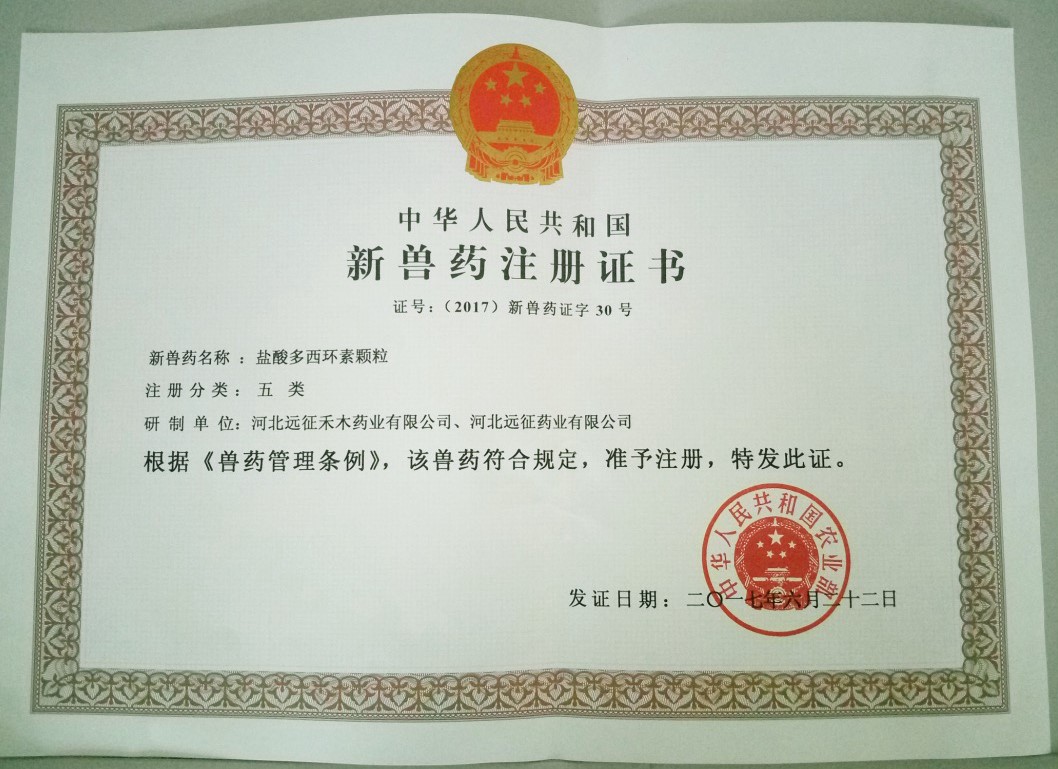 遠(yuǎn)征藥業(yè)喜獲“鹽酸多西環(huán)素顆?！毙芦F藥證書(shū)